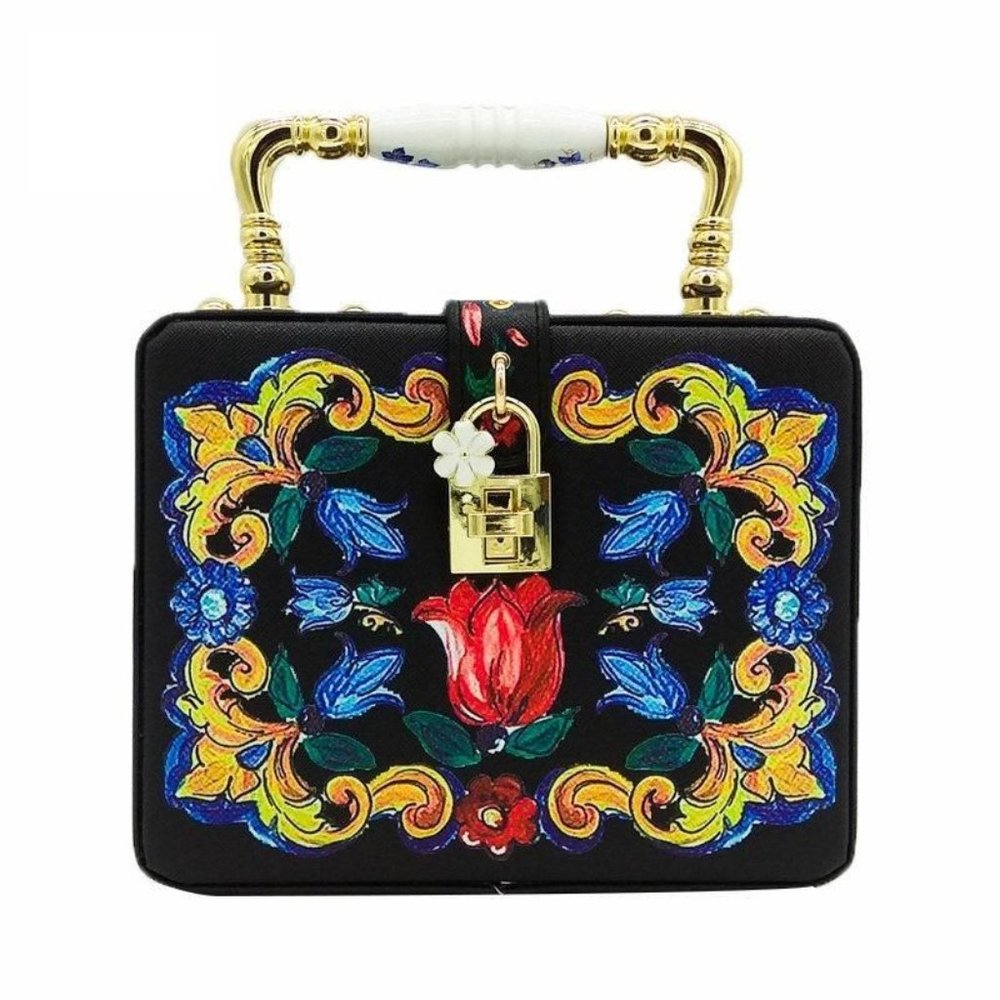 Majolica Pattern Black Box Purse  NWOT